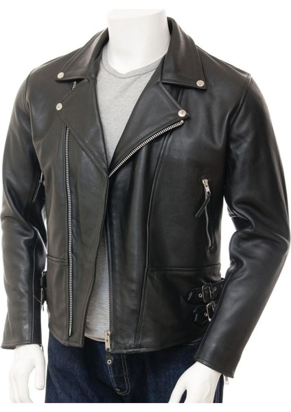 Hakiki Deri Siyah Biker Kemerli Erkek Deri Ceket modelleri