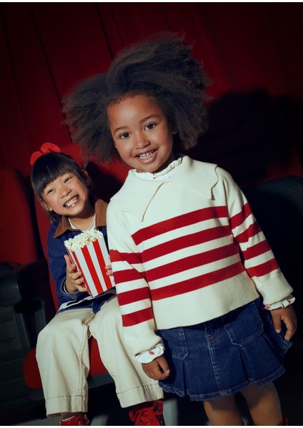 Kız Çocuk Geniş Yaka Çizgili Kazak