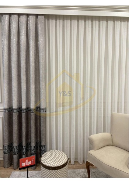 Glaris Betina Keten Zemin Bordür Desen Modern Yüksek Kaliteli Fon Perde 1/3 Sık Pile - Tek Kanat