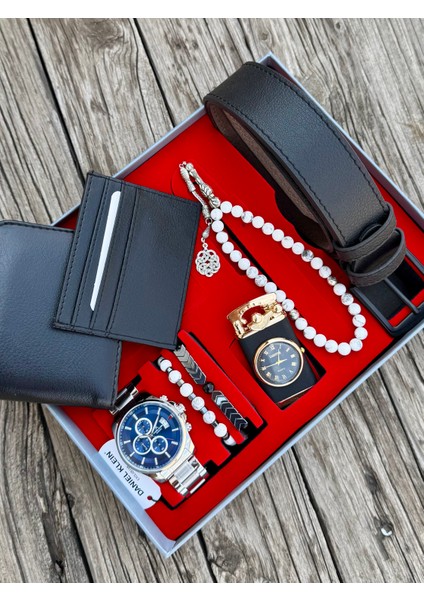Gümüş Renk Fonksiyonlu Erkek Kol Saati Kemer Cüzdan Kartlık Doğal Taş Tespih ve Bileklik Çakmak Seti ZKD13