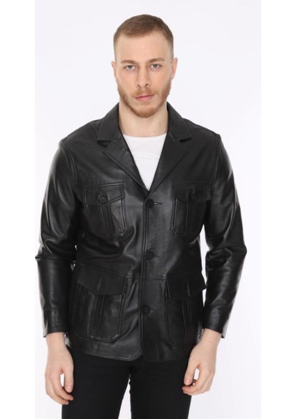 Hakiki Deri Siyah Blazer Cepli Erkek Deri Ceket