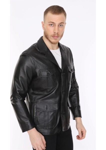 Hakiki Deri Siyah Blazer Cepli Erkek Deri Ceket modelleri