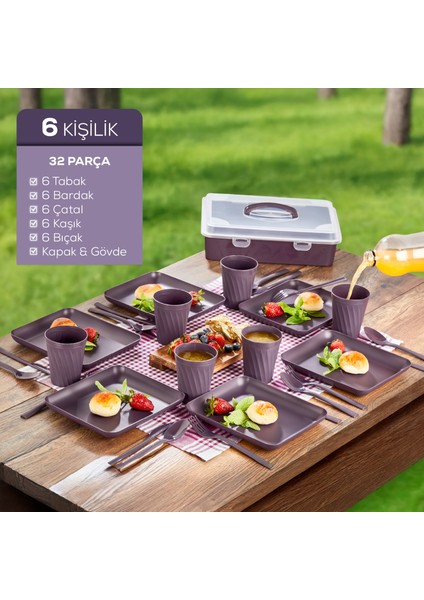 32 Parça 6 Kişilik Taşınabilir Piknik Seti - Saklama Kutulu Mor