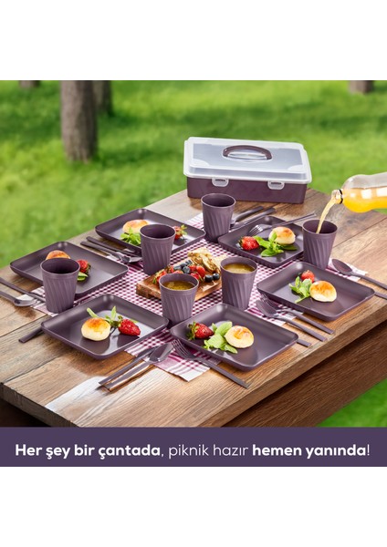 32 Parça 6 Kişilik Taşınabilir Piknik Seti - Saklama Kutulu Mor fiyatları