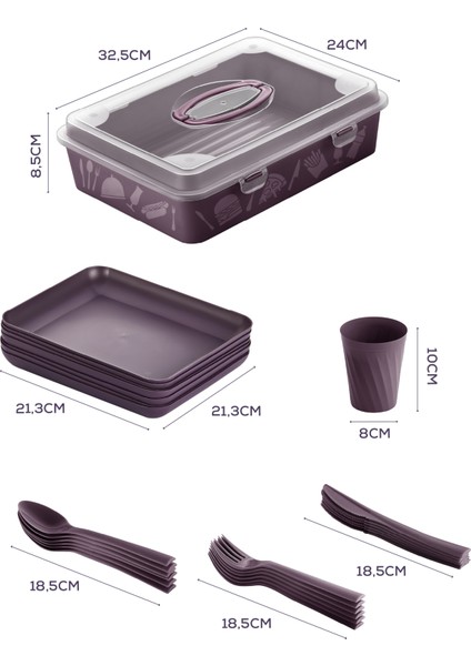 32 Parça 6 Kişilik Taşınabilir Piknik Seti - Saklama Kutulu Mor modelleri