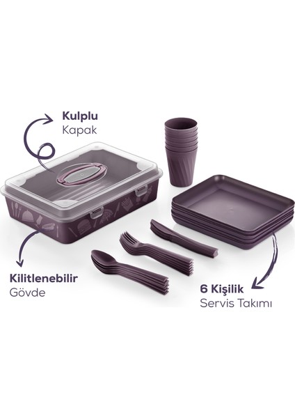 32 Parça 6 Kişilik Taşınabilir Piknik Seti - Saklama Kutulu Mor fırsatları
