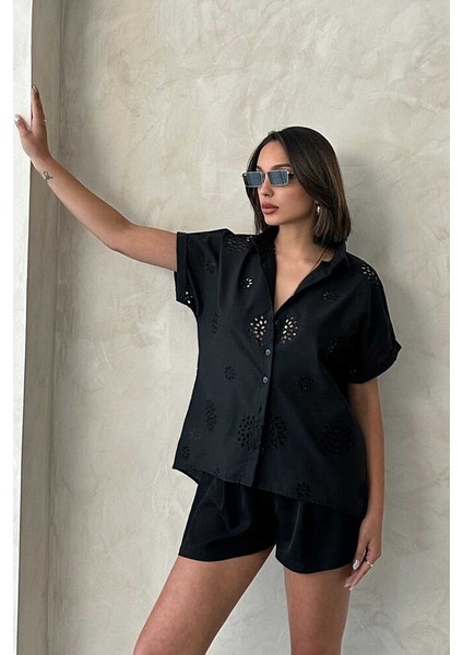 Brode Nakış Detay Delikli Kısa Kollu Pamuk Gömlek fiyatları
