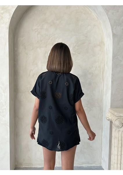 Brode Nakış Detay Delikli Kısa Kollu Pamuk Gömlek indirimleri