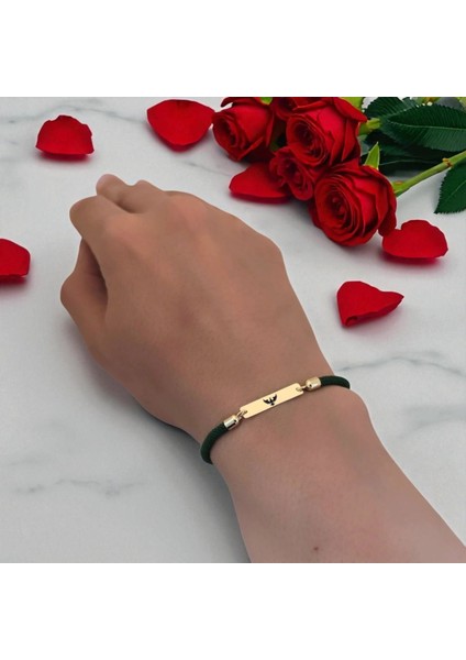 Altın Plakalı 14 Ayar Kral Kartal Temalı Yeşil Örgülü Dikdörtgen Motifli Hediye BILEKLIK-554SEMBOL