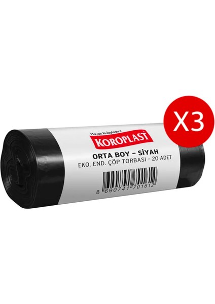 Orta Boy Siyah Eko Endüstriyel Çöp Torbası 20LI x 3 Adet
