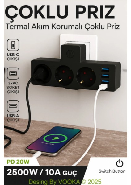 Akıllı Priz Termal Korumalı 3 Prizli Çoklu Akım Prizi | 3 Usb-A + 1 Usb-C 2500W 10A Pd 20W fiyatları