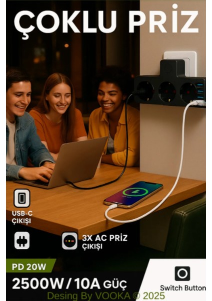 Akıllı Priz Termal Korumalı 3 Prizli Çoklu Akım Prizi | 3 Usb-A + 1 Usb-C 2500W 10A Pd 20W modelleri