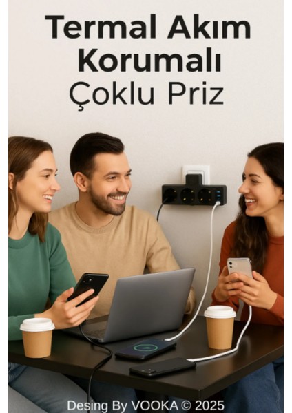 Akıllı Priz Termal Korumalı 3 Prizli Çoklu Akım Prizi | 3 Usb-A + 1 Usb-C 2500W 10A Pd 20W fırsatları