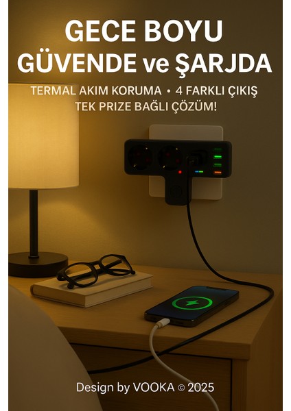 Akıllı Priz Termal Korumalı 3 Prizli Çoklu Akım Prizi | 3 Usb-A + 1 Usb-C 2500W 10A Pd 20W