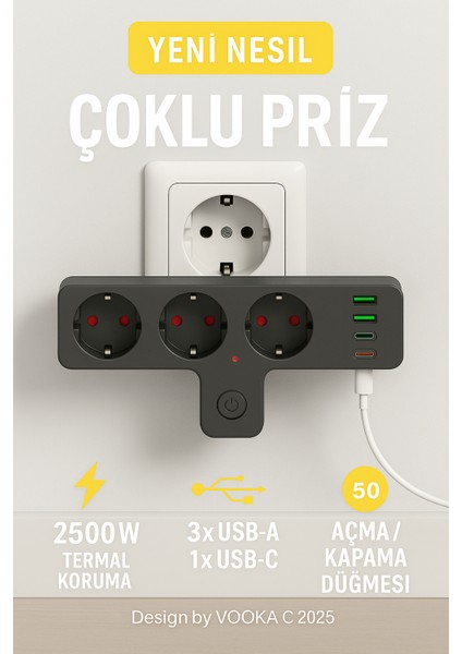Akıllı Priz Termal Korumalı 3 Prizli Çoklu Akım Prizi | 3 Usb-A + 1 Usb-C 2500W 10A Pd 20W