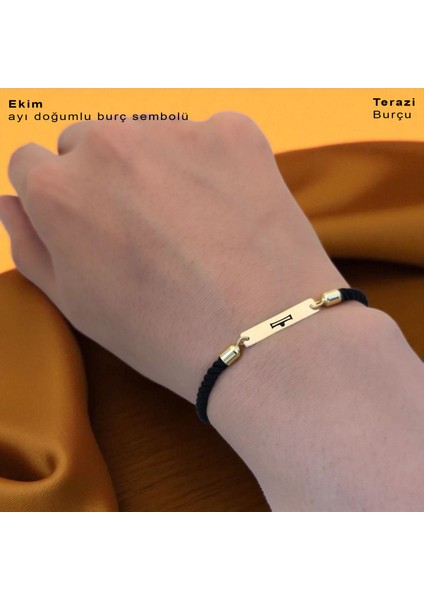 14 Ayar Plakalı Altın Ekim Ayı Doğumlarına Dikdörtgen Figürlü Siyah Örgülü Hediye BILEKLIK-555AY