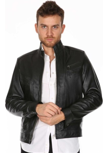 Hakiki Deri Siyah Calvin Düz Erkek Deri Ceket