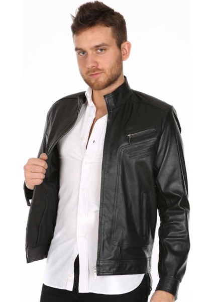 Hakiki Deri Siyah Calvin Düz Erkek Deri Ceket modelleri