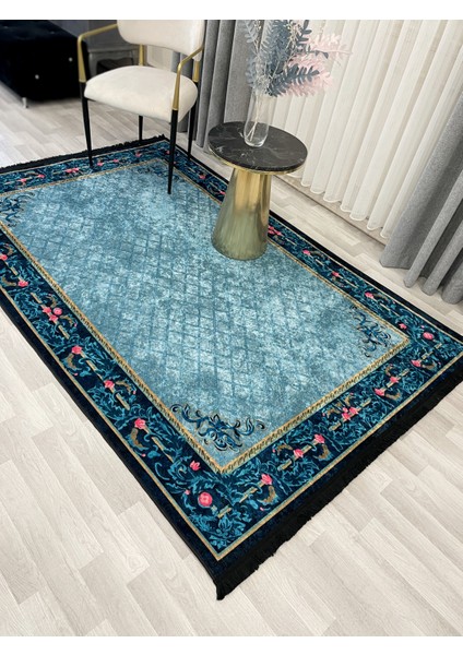 Çiçekli Bordürlü Lacivert Lateks Deri Taban Halı modelleri
