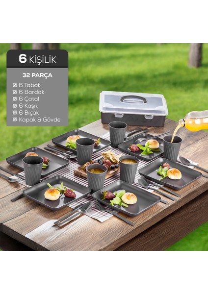 32 Parça 6 Kişilik Taşınabilir Piknik Seti - Saklama Kutulu Antrasit