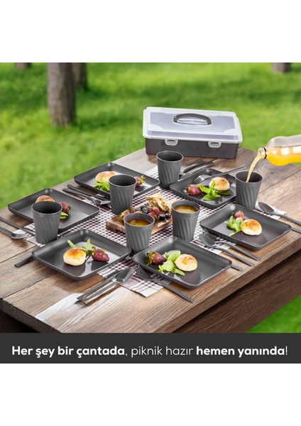 32 Parça 6 Kişilik Taşınabilir Piknik Seti - Saklama Kutulu Antrasit fiyatları