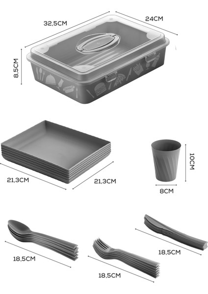 32 Parça 6 Kişilik Taşınabilir Piknik Seti - Saklama Kutulu Antrasit modelleri