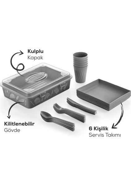 32 Parça 6 Kişilik Taşınabilir Piknik Seti - Saklama Kutulu Antrasit fırsatları