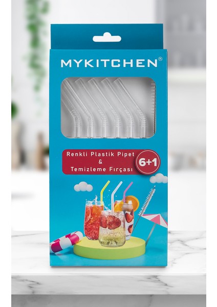 Şeffaf Plastik Pipet ve Temizleme Fırçası - 6'lı Kristal Şeffaf Pipet