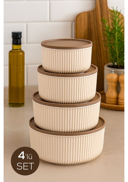 4'lü Yuvarlak Saklama Kabı Seti Bej Çizgili 2.5l 1.5l 0.80L 0.45L Mikrodalga ve Dondurucu Uyumlu