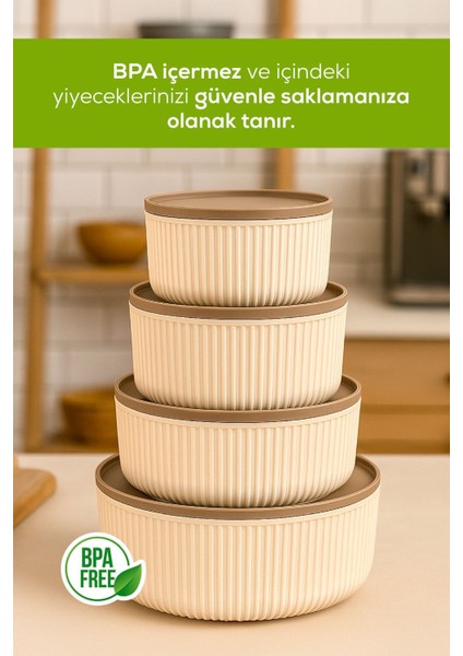4'lü Yuvarlak Saklama Kabı Seti Bej Çizgili 2.5l 1.5l 0.80L 0.45L Mikrodalga ve Dondurucu Uyumlu fiyatları