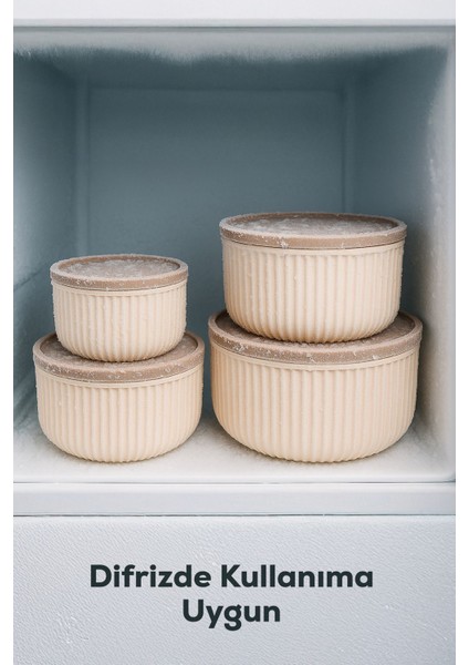4'lü Yuvarlak Saklama Kabı Seti Bej Çizgili 2.5l 1.5l 0.80L 0.45L Mikrodalga ve Dondurucu Uyumlu indirimleri