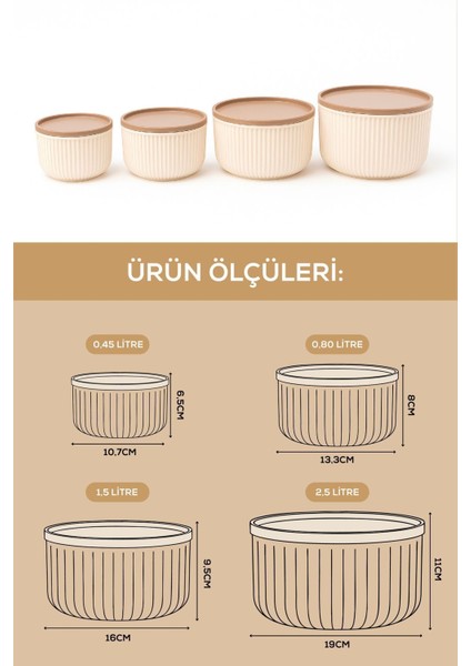 4'lü Yuvarlak Saklama Kabı Seti Bej Çizgili 2.5l 1.5l 0.80L 0.45L Mikrodalga ve Dondurucu Uyumlu