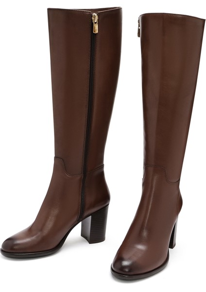 Kadın Kahverengi Fermuarlı Kalın Topuklu Deri Çizme 25WFD281018 modelleri