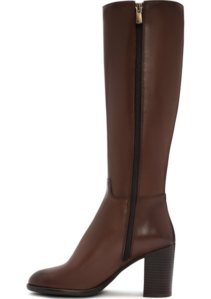 Kadın Kahverengi Fermuarlı Kalın Topuklu Deri Çizme 25WFD281018 fırsatları