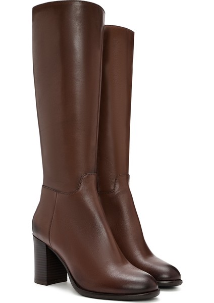 Kadın Kahverengi Fermuarlı Kalın Topuklu Deri Çizme 25WFD281018 indirimleri
