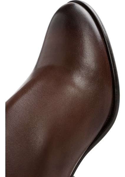 Kadın Kahverengi Fermuarlı Kalın Topuklu Deri Çizme 25WFD281018