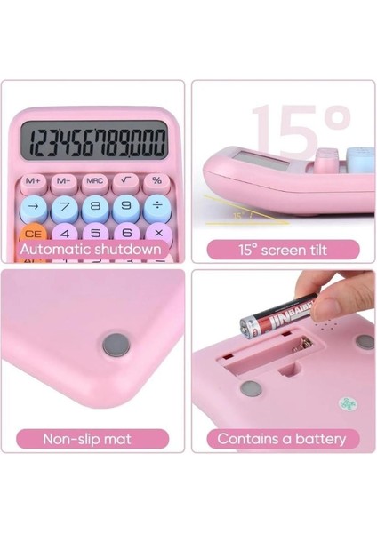 12 Haneli Güneş Enerjili Hesap Makinesi Açılı Geniş Ekran, Çift Güç Kaynağı Solar Pil Pembe Renk