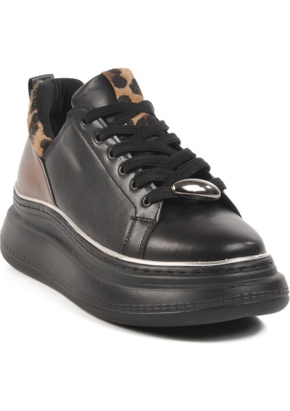 Siyah Leopar Yüksek Tabanlı Kadın Sneaker T-300 Z