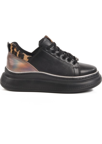 Siyah Leopar Yüksek Tabanlı Kadın Sneaker T-300 Z modelleri