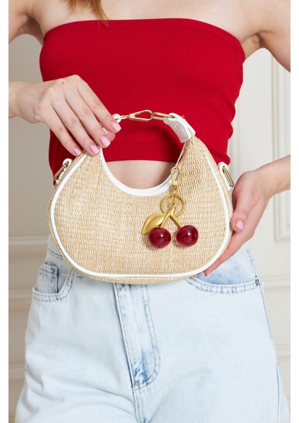 Mira Beyaz Orijinal Hasır Dokuma Charm Hediyeli Kadın El, Kol ve Omuz Çantası