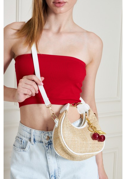 Mira Beyaz Orijinal Hasır Dokuma Charm Hediyeli Kadın El, Kol ve Omuz Çantası modelleri