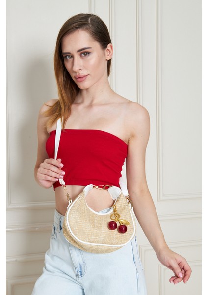 Mira Beyaz Orijinal Hasır Dokuma Charm Hediyeli Kadın El, Kol ve Omuz Çantası