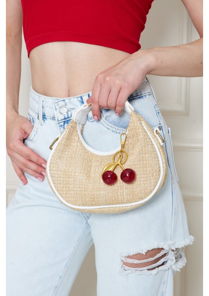 Mira Beyaz Orijinal Hasır Dokuma Charm Hediyeli Kadın El, Kol ve Omuz Çantası