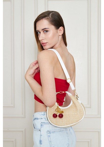 Mira Beyaz Orijinal Hasır Dokuma Charm Hediyeli Kadın El, Kol ve Omuz Çantası