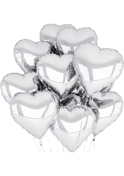 Metalize Parlak Gümüş Kalp Şekilli Uçan Balon Folyo 18 Inç 45 cm 10 Adet