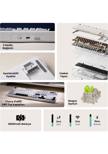 F108 Pro Ekranlı Mekanik Klavye Reaper Switch Rgb Hot Swap 8000MAH Makrolu Oyuncu Klavyesi Mavi modelleri