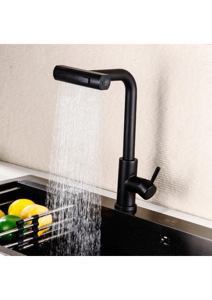 Şık Tasarım Siyah Renk 360 Derece Döner Başlıklı Mutfak Eviye Bataryası (Geniş Yüzeyli Yağmurlama Sprey Fonksiyonlu)