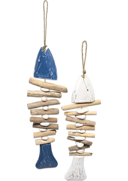 Deniz Temalı Ahşap Kılçık Balık Ikili Seti, Duvara Asmak Için Şık Dekorasyon