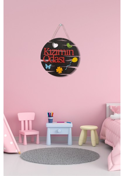 Kızımın Odası Yazılı Yuvarlak Mdf Lazer Kesim Kapı ve Duvar Süsü - Rebap Ahşap