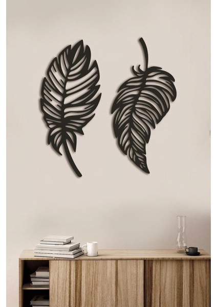 Ikili Yaprak Ahşap Duvar Dekor Seti, Lazer Kesim, Şık ve Modern Tasarım